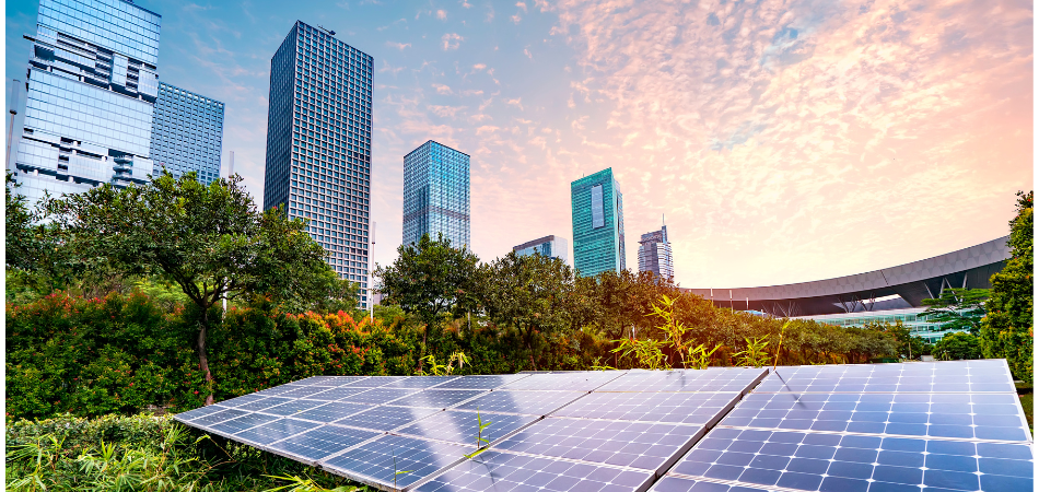 Solar panels in front of buildings